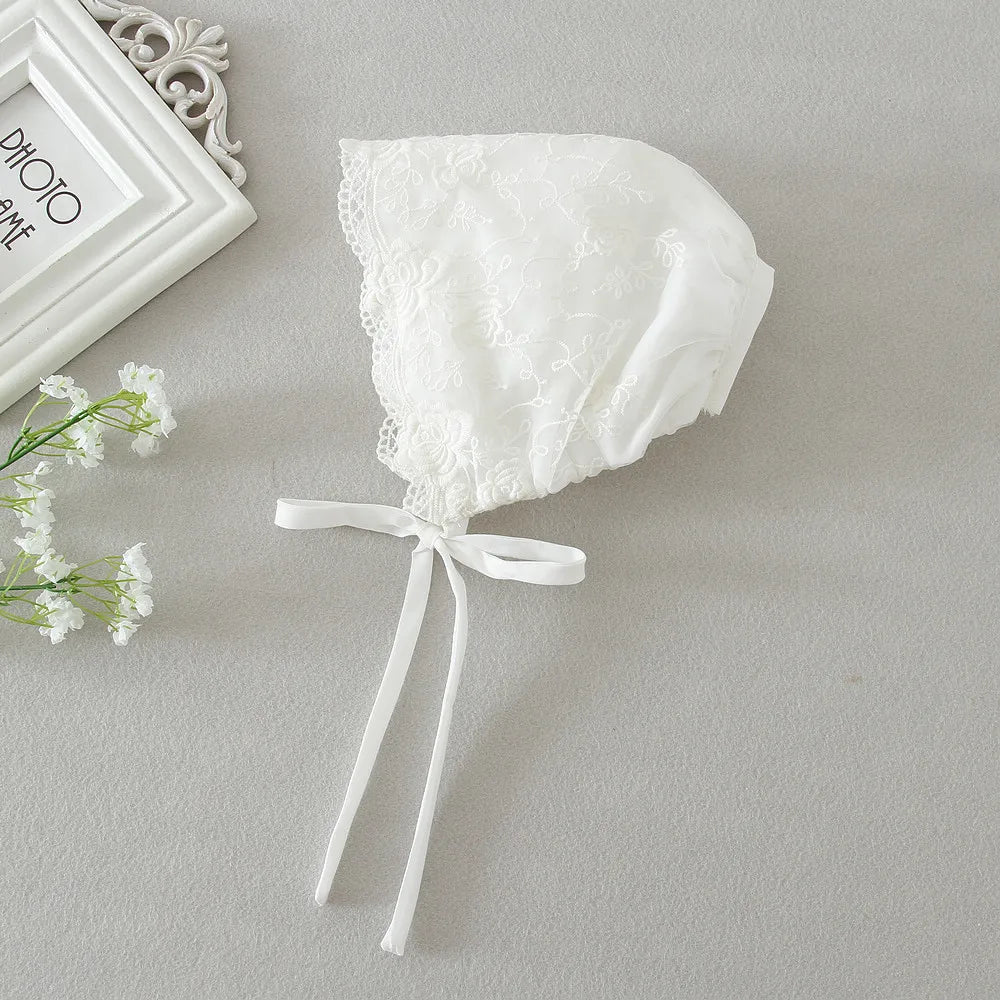 Vestido de bautizo para bebé, vestido de encaje blanco y tul con capota