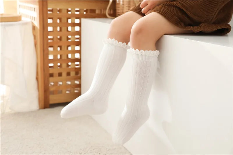 Ruffle Kids Knee High Socks Baby Girls Toddlers Long Soft Cotton Sock Lace Flower Children School Uniform Socks For 0-8 Years