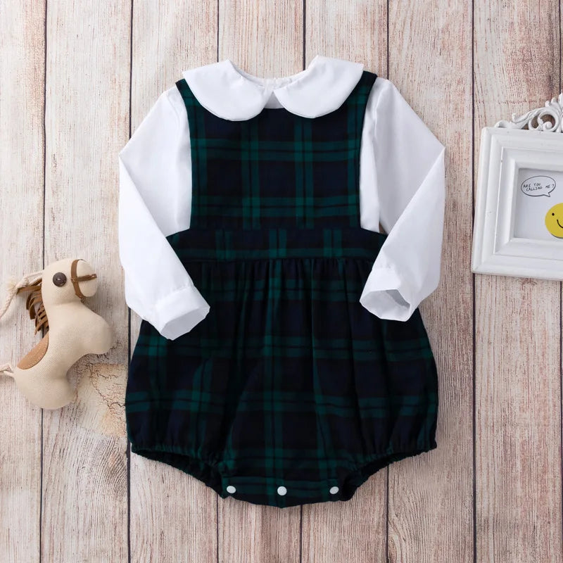 Spring 2Pcs Children Clothes Sets Toddler Girl Long Sleeve White Tops+Rompers Newborn Red Plaid Jumpsuit Baby Onesies Outfits