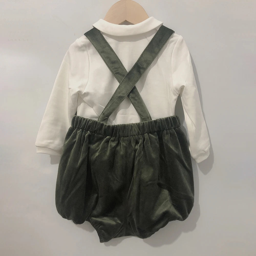 Ropa infantil de boutique Ropa de bebé con Soldado Bordado en Terciopelo, Culotte con tirantes, Camisa de algodón, Conjunto navideño Niño y niña 0-3 años