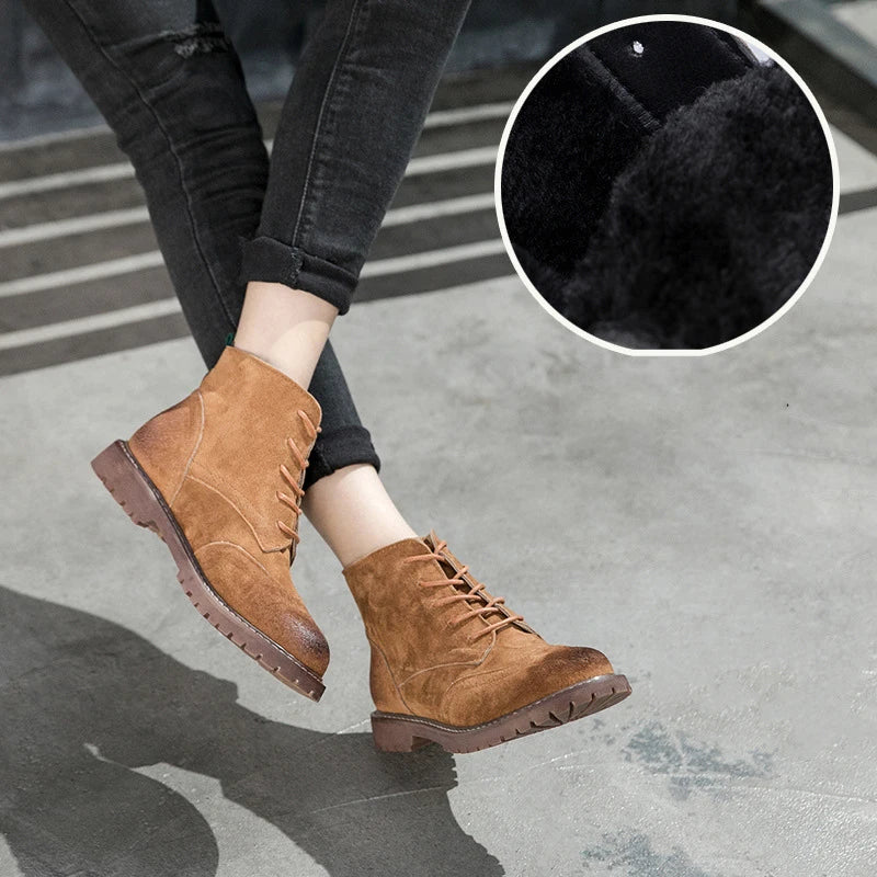 Botas cortas estilo británico de mujer y adolescente, otoño invierno, en cuero genuino, botines de gamuza con terminación tipo encaje, tendencia retro