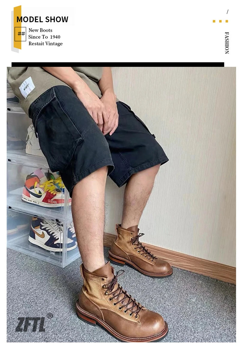 Botas o  botines para adolescentes y hombres, botas casuales con cordones, botas de costura hechas a mano para hombre, botas de desierto de cuero genuino