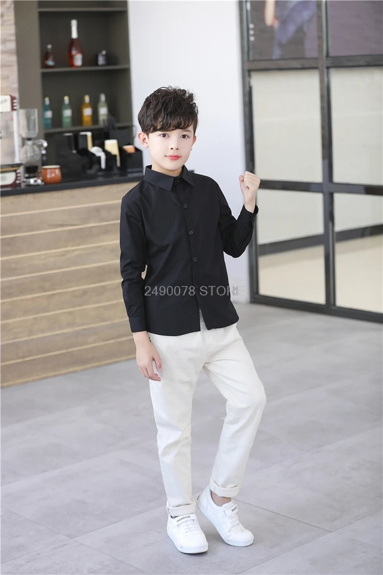 Camisa blancas o negra para niños, camisa formal de algodón sólido para niños y adolescentes de 4 a 16 años