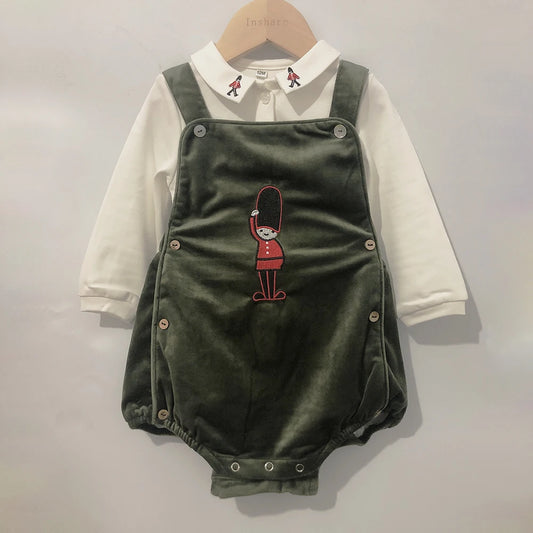 Ropa infantil de boutique Ropa de bebé con Soldado Bordado en Terciopelo, Culotte con tirantes, Camisa de algodón, Conjunto navideño Niño y niña 0-3 años