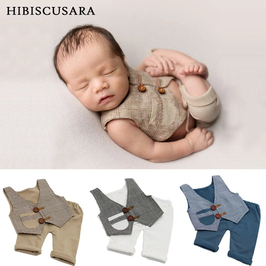 Increíble conjunto de fotografía para bebés recién nacidos, chaleco a cuadros, pantalones, ropa de caballero para bebés