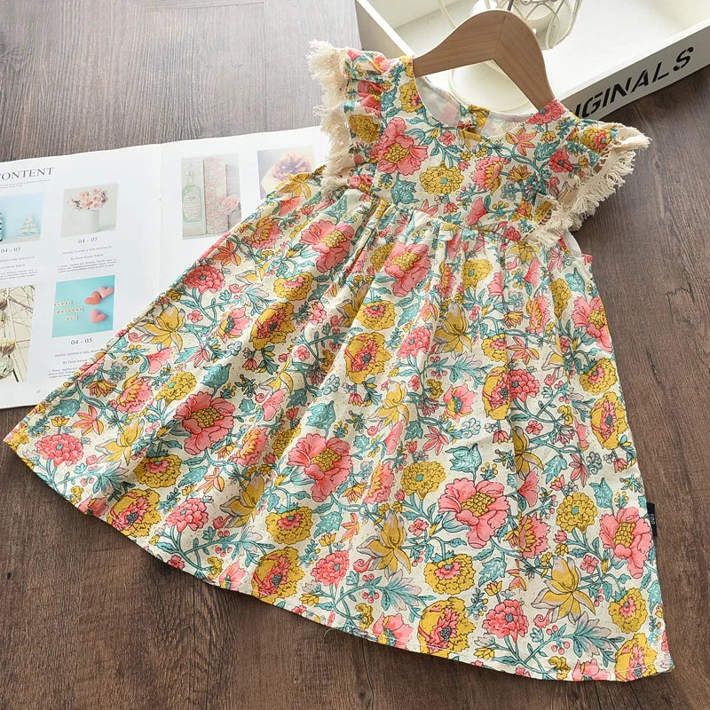 Vestido Boho de verano con bordado de flores para niñas, estilo retro, con mangas volantes, de princesa, ropa informal para niñas de 2 a 6 años