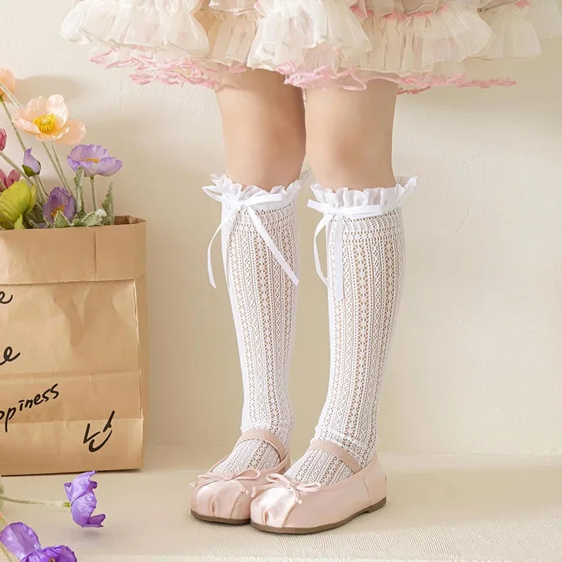 Medias de encaje de tubo largo para niñas, calcetín de malla con patrón Jacquard de agradable arco, red de pesca de Ballet para niñas, calcetines con volantes, mallas de Lolita