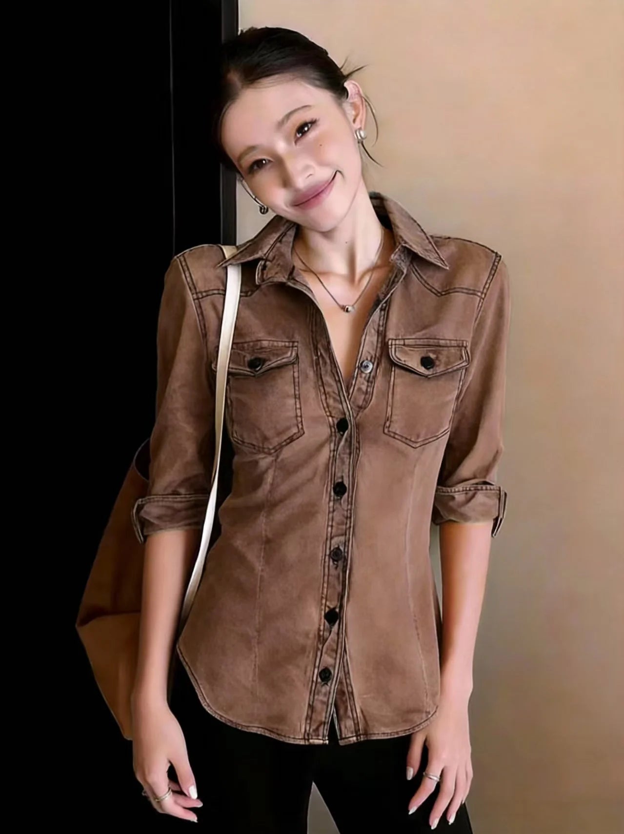Dame retro afslappet langærmet bluse