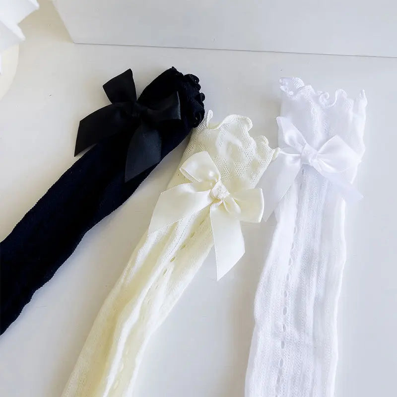 Calcetines largos hasta la rodilla para niña, calcetín fino de Lolita con lazo, uniforme escolar de princesa, para primavera y verano