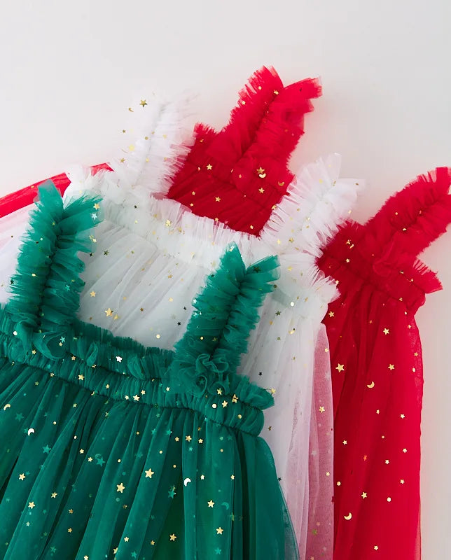 Lindo vestido de princesa de tul para niñas de Navidad, vestido de lentejuelas con estrellas para niñas pequeñas