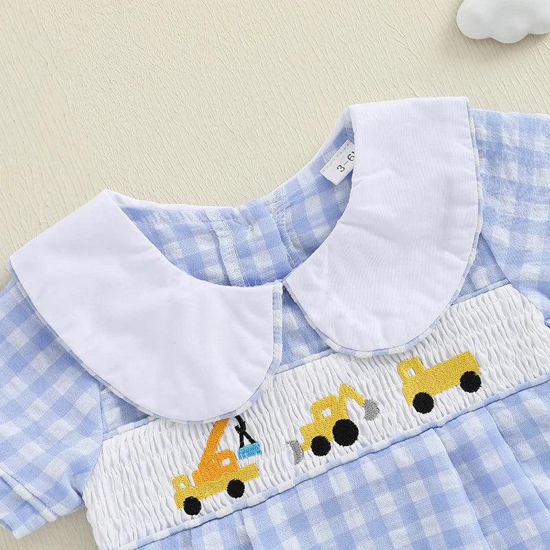 Pelele de verano para bebés, niños y niñas, mono informal con estampado a cuadros y cuello de muñeca bordado para recién nacidos, camisetas bonitas para bebés