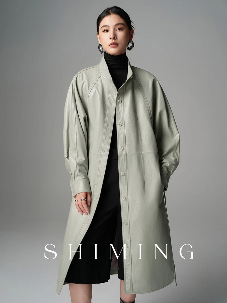 Trench de cuero de oveja genuino para mujer, con cinturón y cuello levantado de alta gama, manga de murciélago