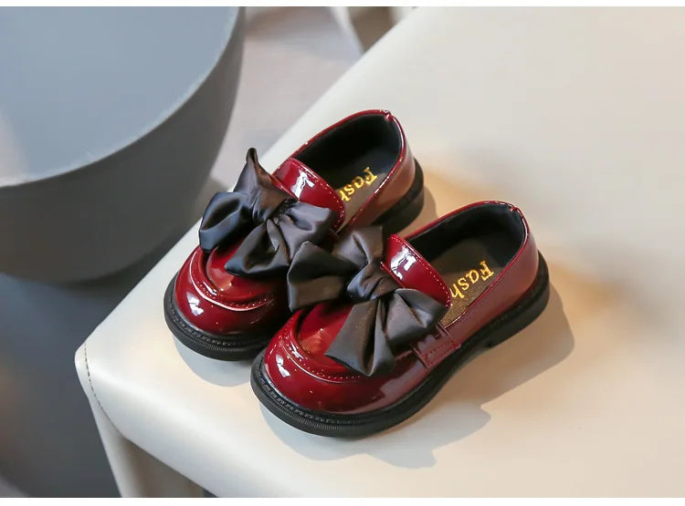 Girls Autumn New red PU Leather School Student Shoes Cute Children Bow Princess Soft Sole Children's Loafer Flats fit 4-12Y