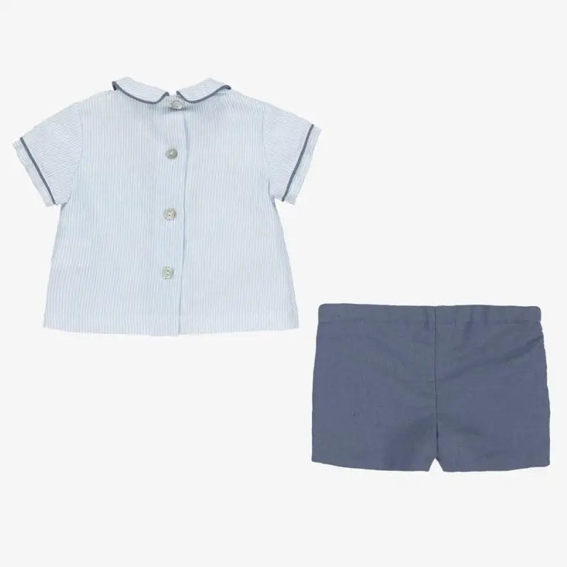 Precioso conjunto de dos piezas de verano para bebés niños, camisa con cuello vuelto con ribetes, tela a rayas, pantalones cortos para niños pequeños, algodón de alta calidad