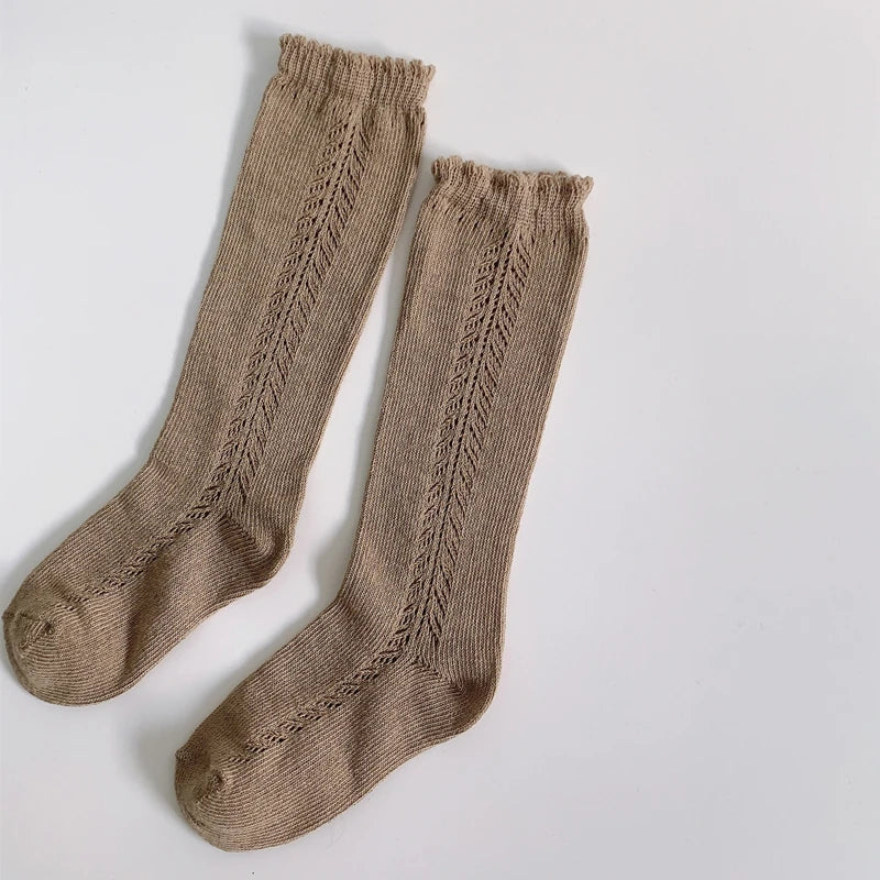 1 par de calcetines 100% de algodón hasta la rodilla para niños y niñas, calcetines largos calados transpirables de malla de algodón para primavera y otoño