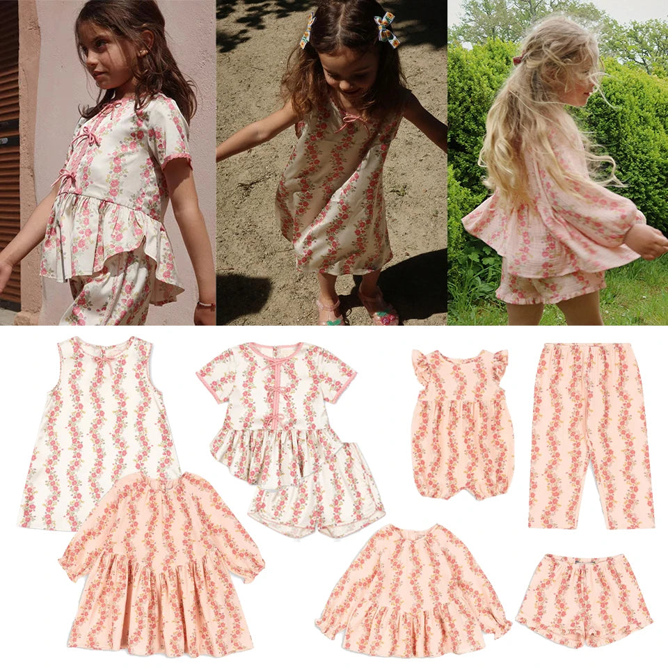 Conjunto de verano para niña, juntando flores a rayas, short para niñas, hermoso vestido casual para niña, conjunto de bombacho de algodón para bebés