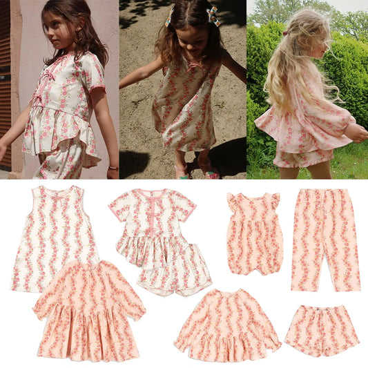 Conjunto de verano para niña, juntando flores a rayas, short para niñas, hermoso vestido casual para niña, conjunto de bombacho de algodón para bebés