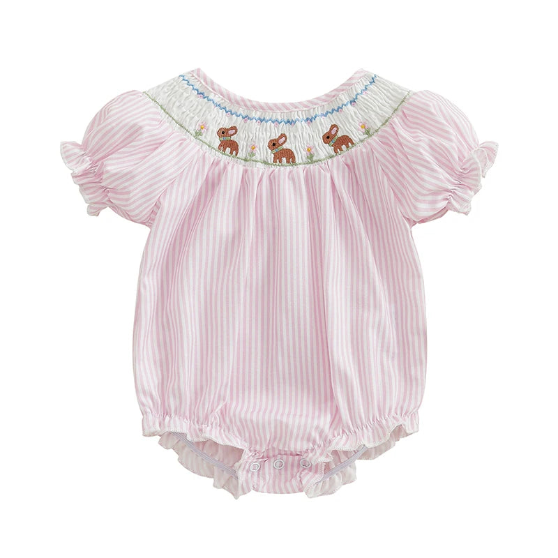 Newborn Baby Bunny Romper Puff Sleeve Smoky Striped Bubble Jumpsuit My First Easter Outfit Sommertøj