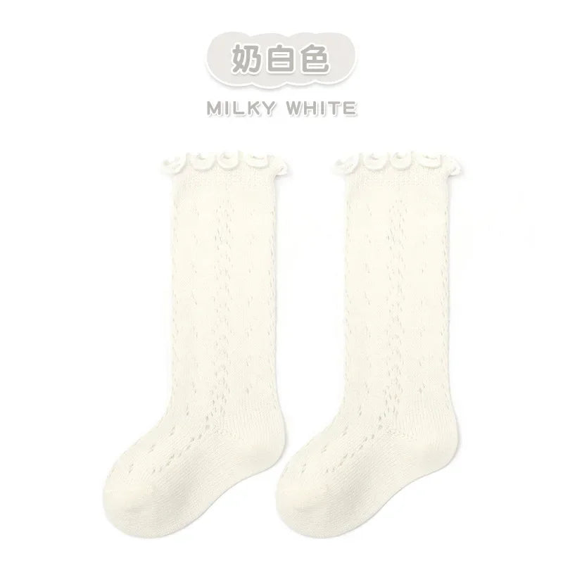 Calcetines largos hasta la rodilla con volantes para bebé y niña, de algodón suave, con encaje y flores, para recién nacidas de 0 a 3 años