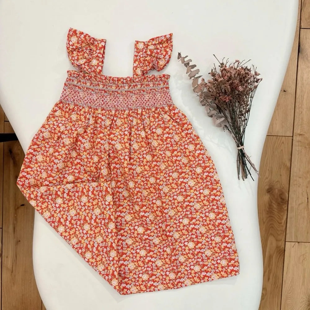 Sommerkjole til piger, piger tøj, blomsterkjoler, håndbroderet kjole med fransk -stil blomstermønster