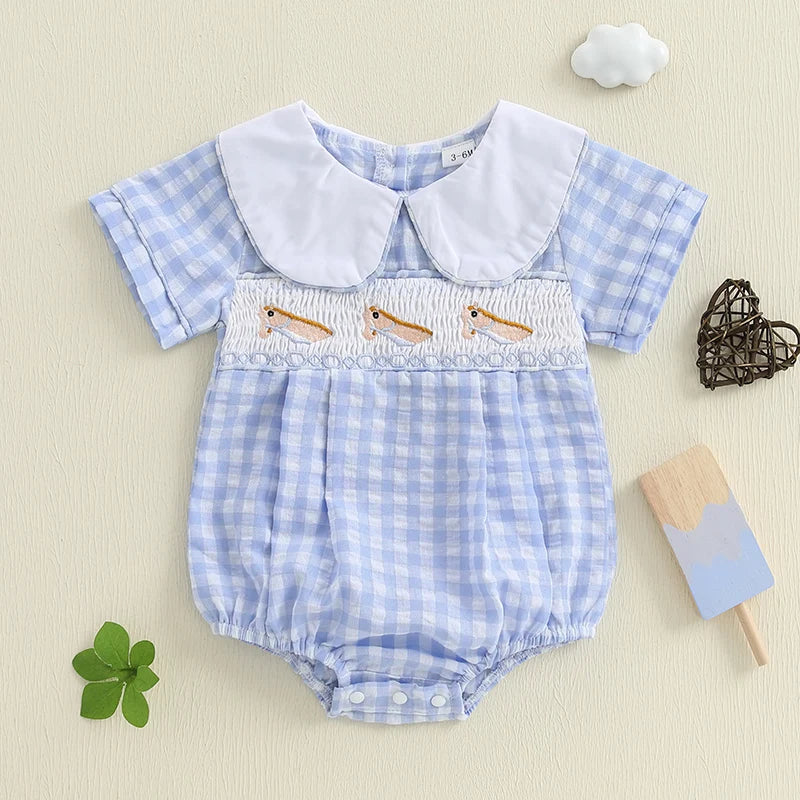 Pelele de verano para bebés, niños y niñas, mono informal con estampado a cuadros y cuello de muñeca bordado para recién nacidos, camisetas bonitas para bebés