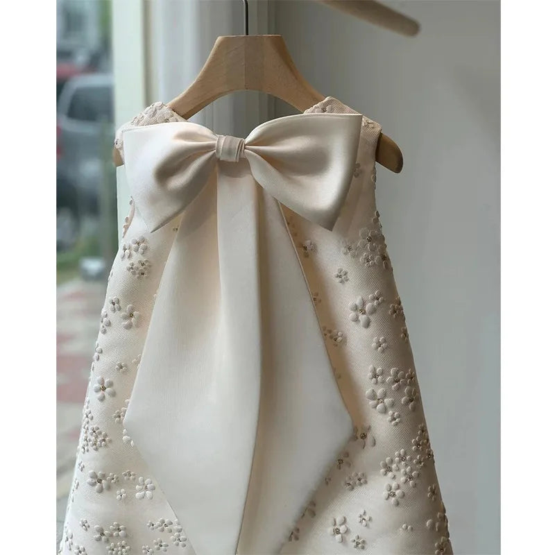 Vestido vintage de marfil para niñas con flores, ropa para bautizo de bebés y niños pequeños, vestidos de baile de satén hechos a medida, vestido de fiesta de cumpleaños hinchado Eid