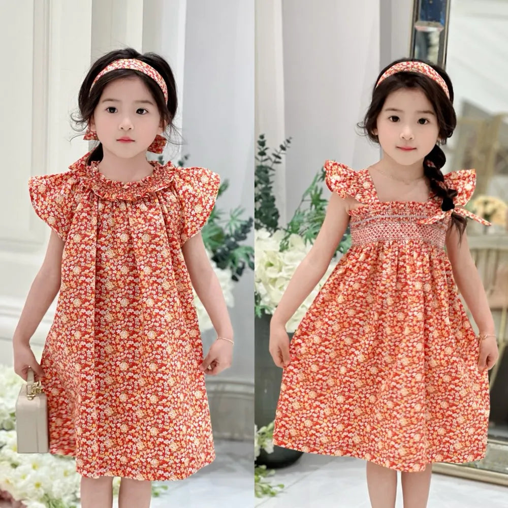Sommerkjole til piger, piger tøj, blomsterkjoler, håndbroderet kjole med fransk -stil blomstermønster