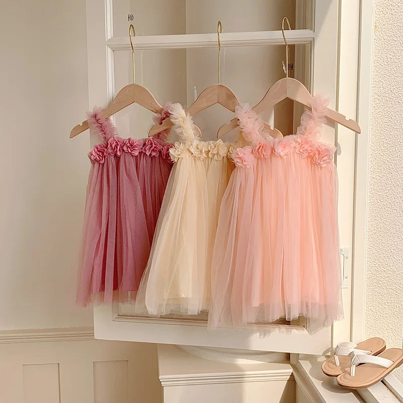 Summer Mesh Tulle Princess Slip Tutu Dresses 3D Flower Mermaid Birthday Dress for Baby Girl Clothes Sleeveless Girl Clothes