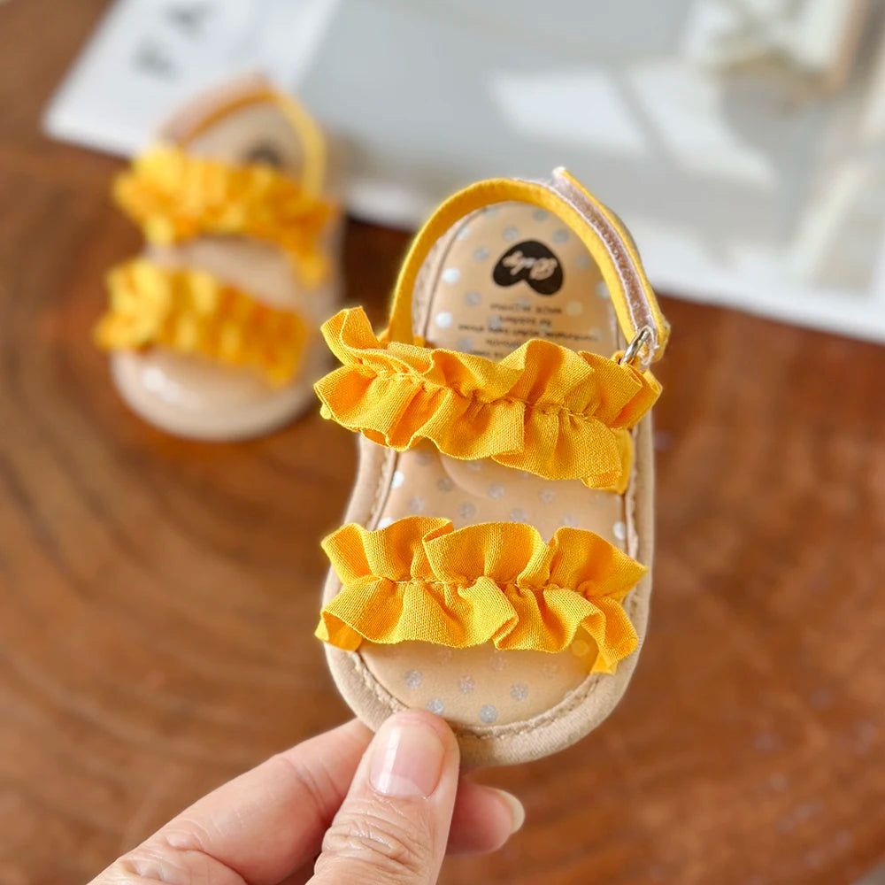 Sandalias Primeros pasos para bebé niñas con volantes, suela suave Premium, antideslizantes, transpirables