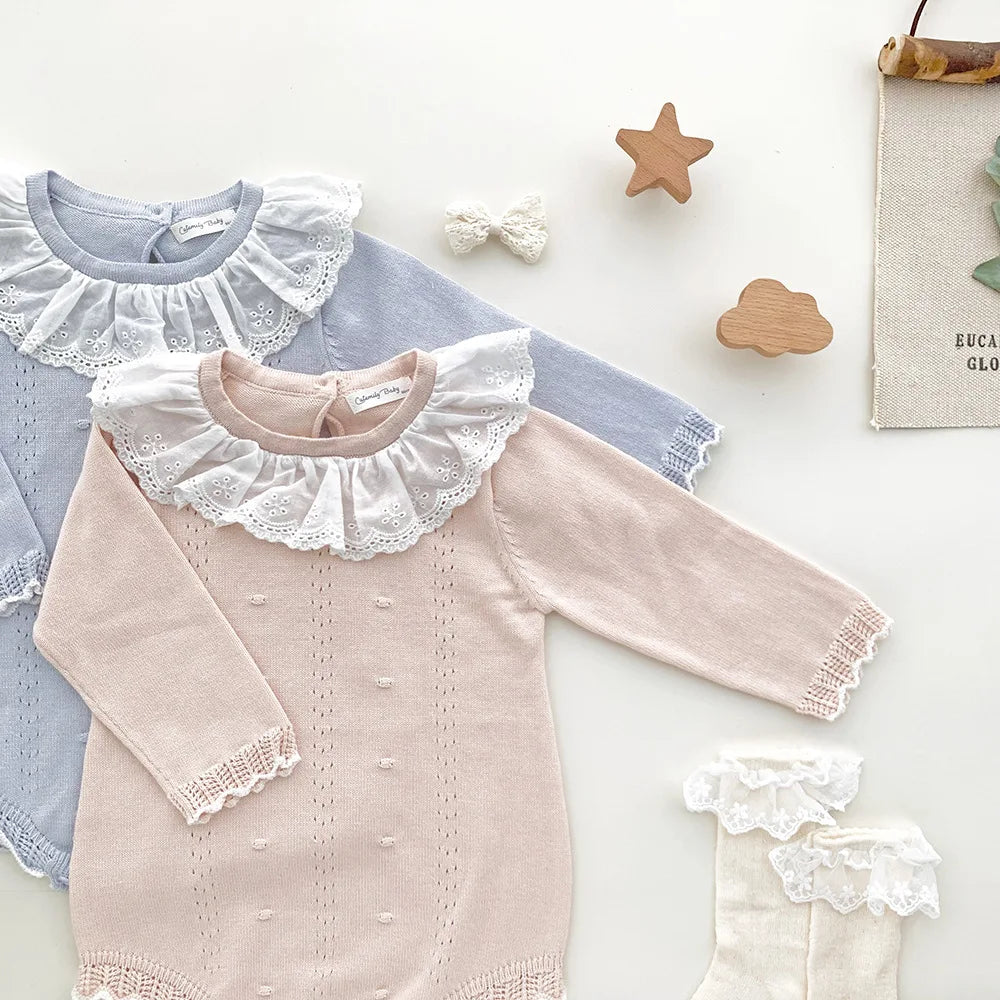 New Lace Baby Knitted Romper Autumn Girl Overall Baby Girls Romper Ruffle Long Sleeve Newborn Baby Clothes Infant Baby Jumpsuits