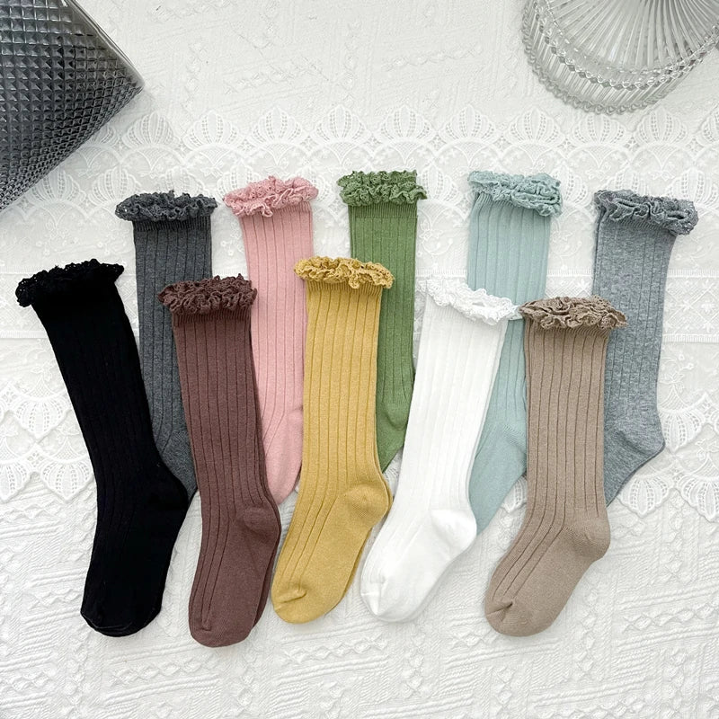 Ruffle Kids Knee High Socks Baby Girls Toddlers Long Soft Cotton Sock Lace Flower Children School Uniform Socks For 0-8 Years