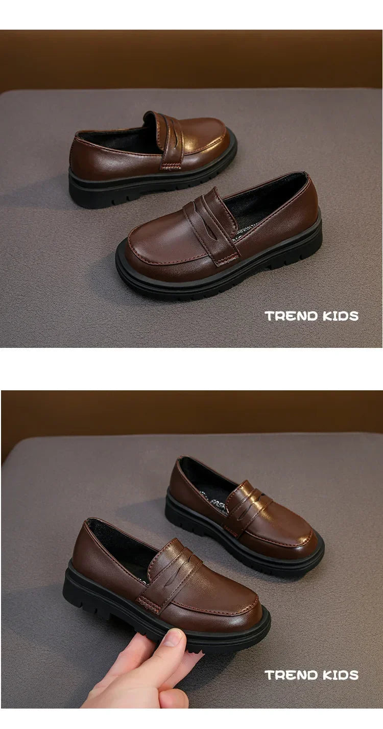 New 2024 Spring Autumn PU Leather Shoes Boys Girls Britain Style Black Brown Performance Shoes Children Slip-on Casual Loafers