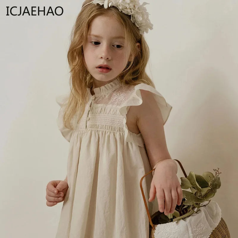 Vestido de algodón bordado a mano con mangas volantes para niñas y pre adolescentes, suave color beige especial para fiestas