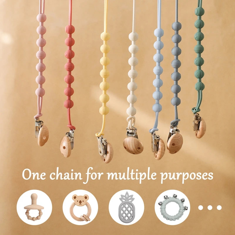 Clips para chupete de cuentas de madera de haya, soporte de cadena para chupete para recién nacido, mascadores para la dentición para bebés