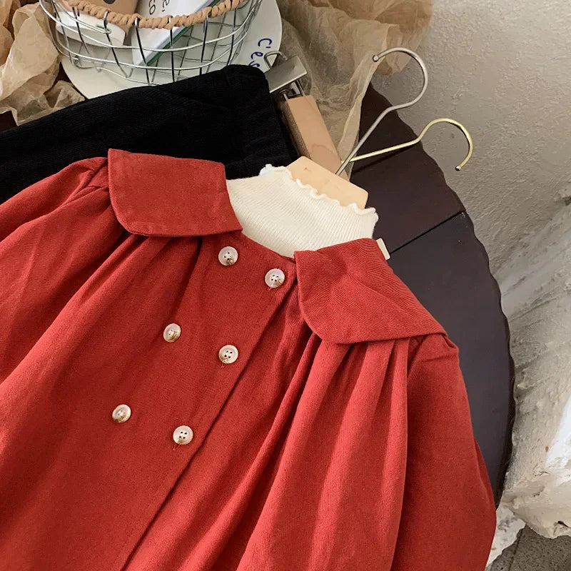 Vintage styela autumn baby girls trench red double breasted peter pan collar coats toddler cardigans kids outwear