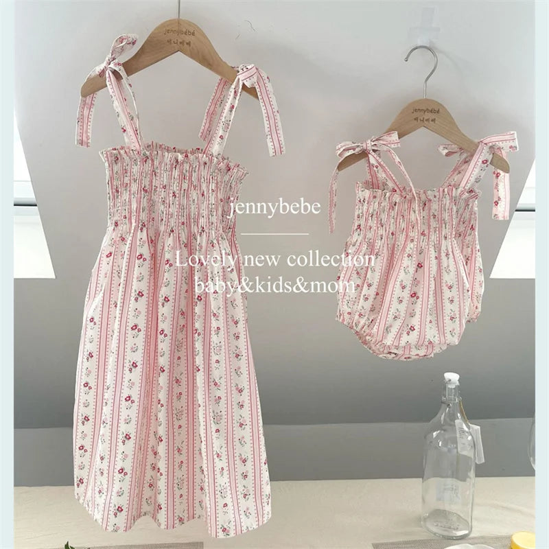 Conjuntos de hermanas, vestidos o bombachos de tirantes con lazo para bebés y niñas para verano, de lindo algodón con estampado de flores y rayas