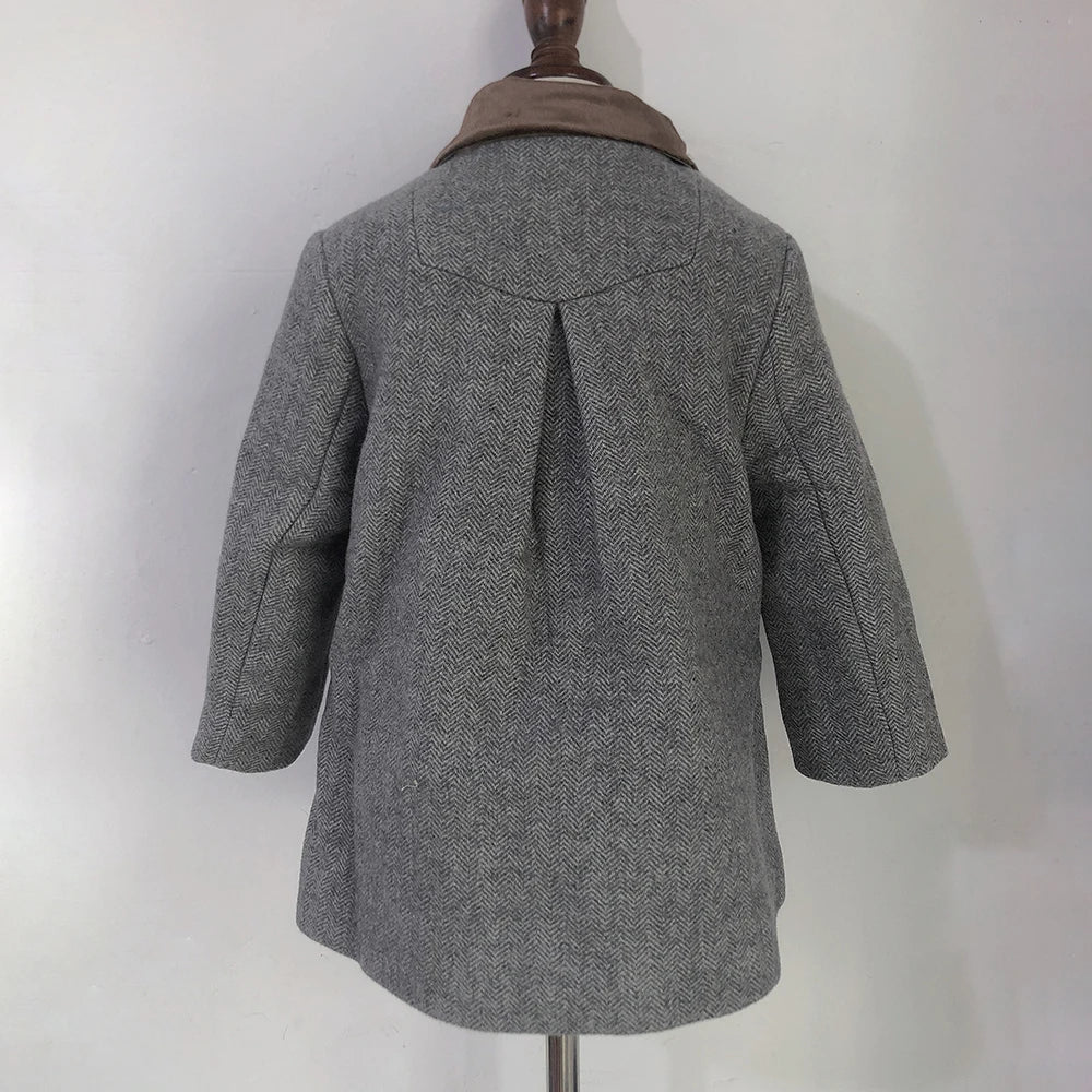 Abrigo de lana gris con estampado de espiga para niño, abrigo de invierno de boutique, Chaqueta acolchada cálida estilo británico