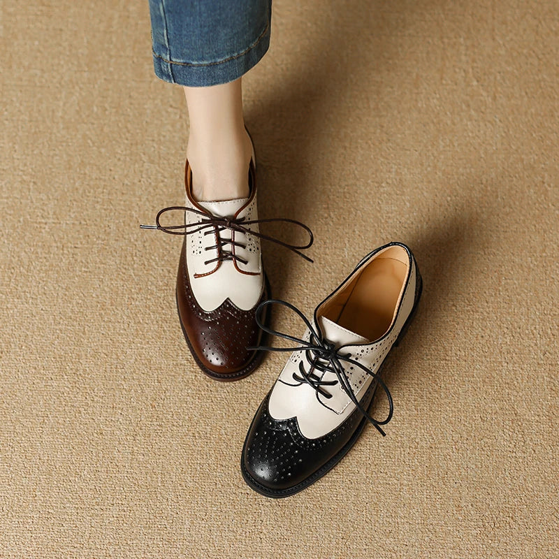 2024 Women Genuine Leather Oxford Shoes Round Toe Black White Lady Lace Up Brogues Loafers Casual Shoes for Women Leather Shoes