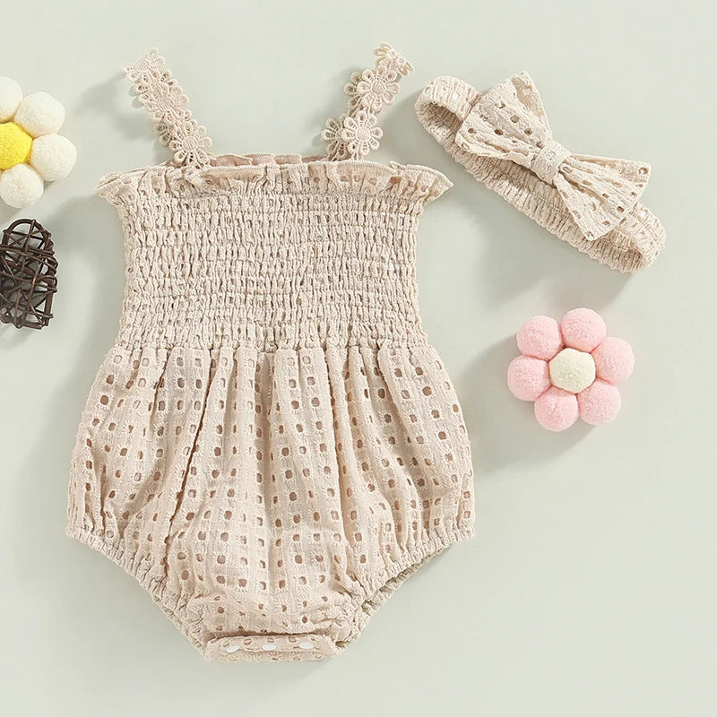 Newborn Infant Baby Girls Summer Clothing Set Sleeveless Strap Pleated Hollowed Solid Romper Jumpsuit with Bow Headband Outfit