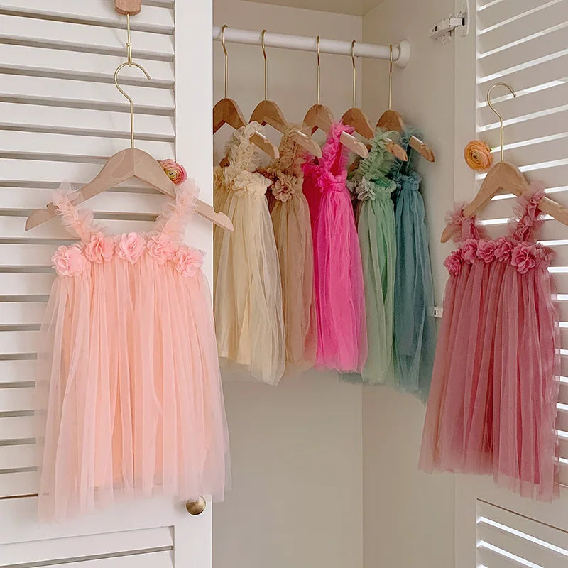 Summer Mesh Tulle Princess Slip Tutu Dresses 3D Flower Mermaid Birthday Dress for Baby Girl Clothes Sleeveless Girl Clothes