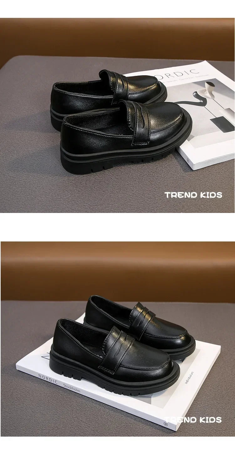 New 2024 Spring Autumn PU Leather Shoes Boys Girls Britain Style Black Brown Performance Shoes Children Slip-on Casual Loafers