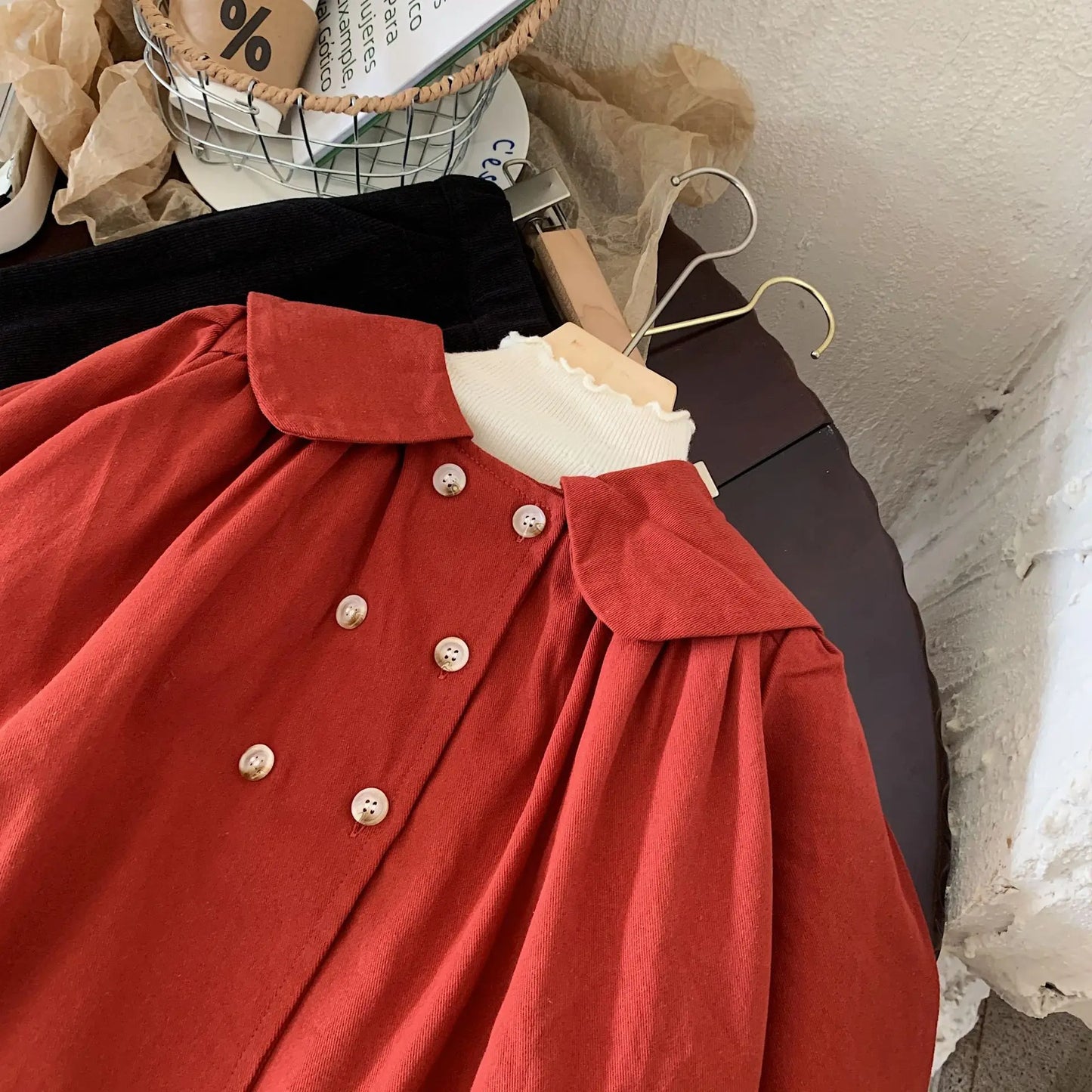 Vintage styela autumn baby girls trench red double breasted peter pan collar coats toddler cardigans kids outwear