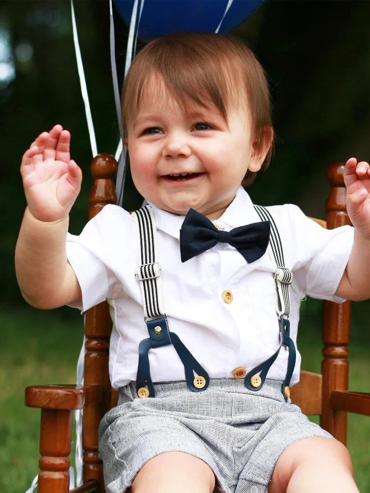 Newborn Baby Boy Summer Formal Clothes Set Bow Wedding Birthday Boys Overall Suit White Romper Shirt Toddler Gentleman Outfit