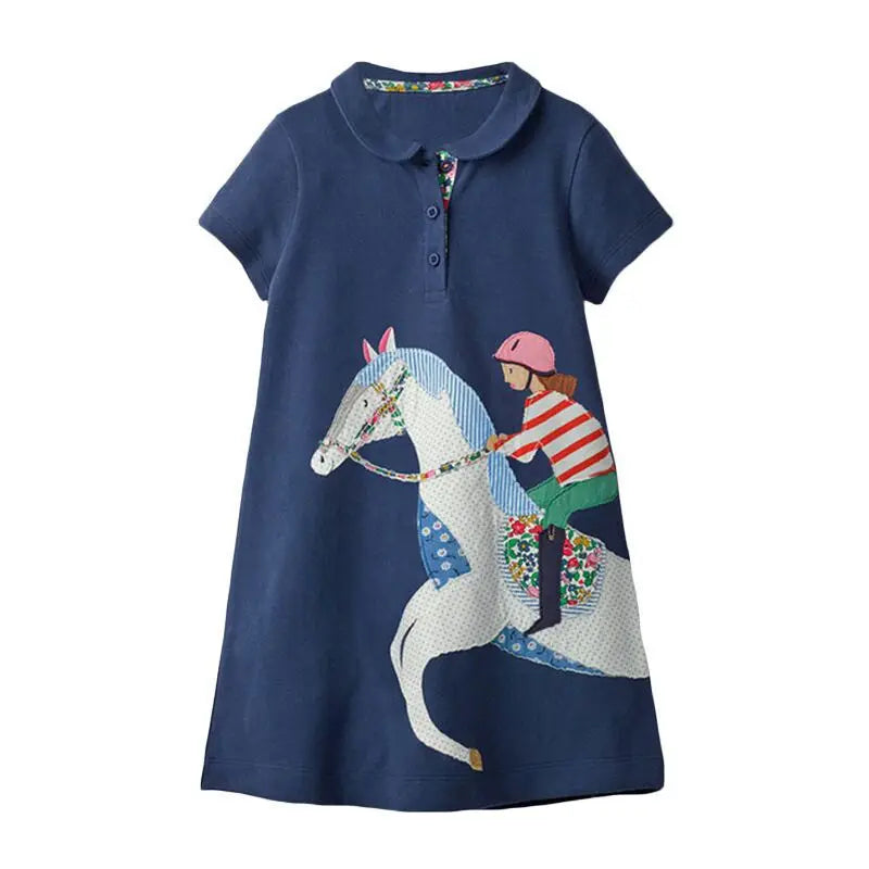 Encantador vestido de algodón para el verano para niñas con aplicación de caballo, para el verano