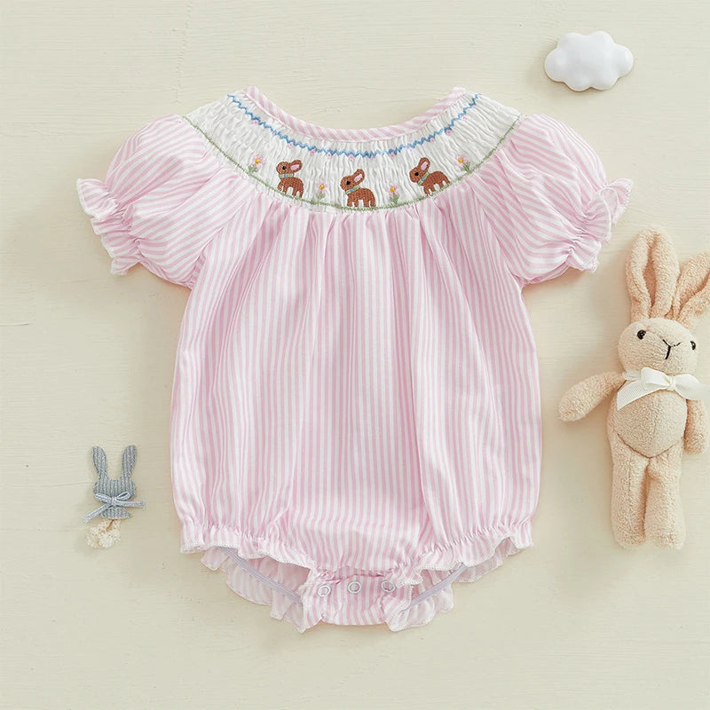 Newborn Baby Bunny Romper Puff Sleeve Smoky Striped Bubble Jumpsuit My First Easter Outfit Sommertøj