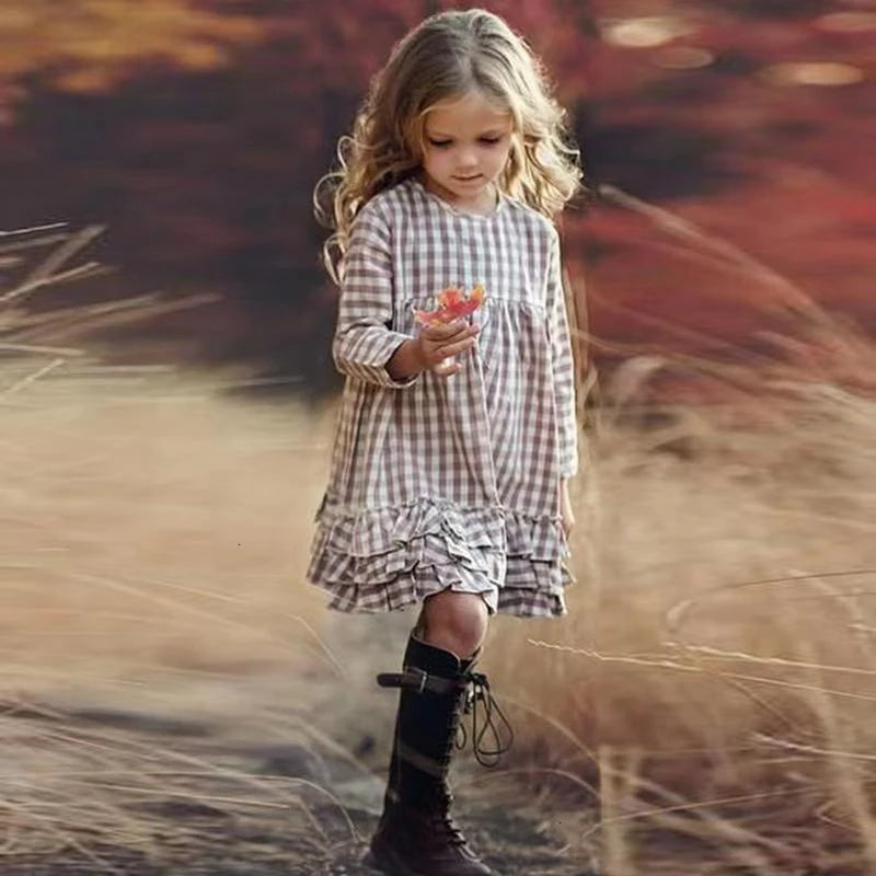 Precioso vestido vintage de manga larga y volantes, a cuadros para bebés y niñas de 3 a 13 años, estilo pastoral, campestre, boho, de algodón para niñas, para 5, 6, 7, 8, 9, 10 y 11 años