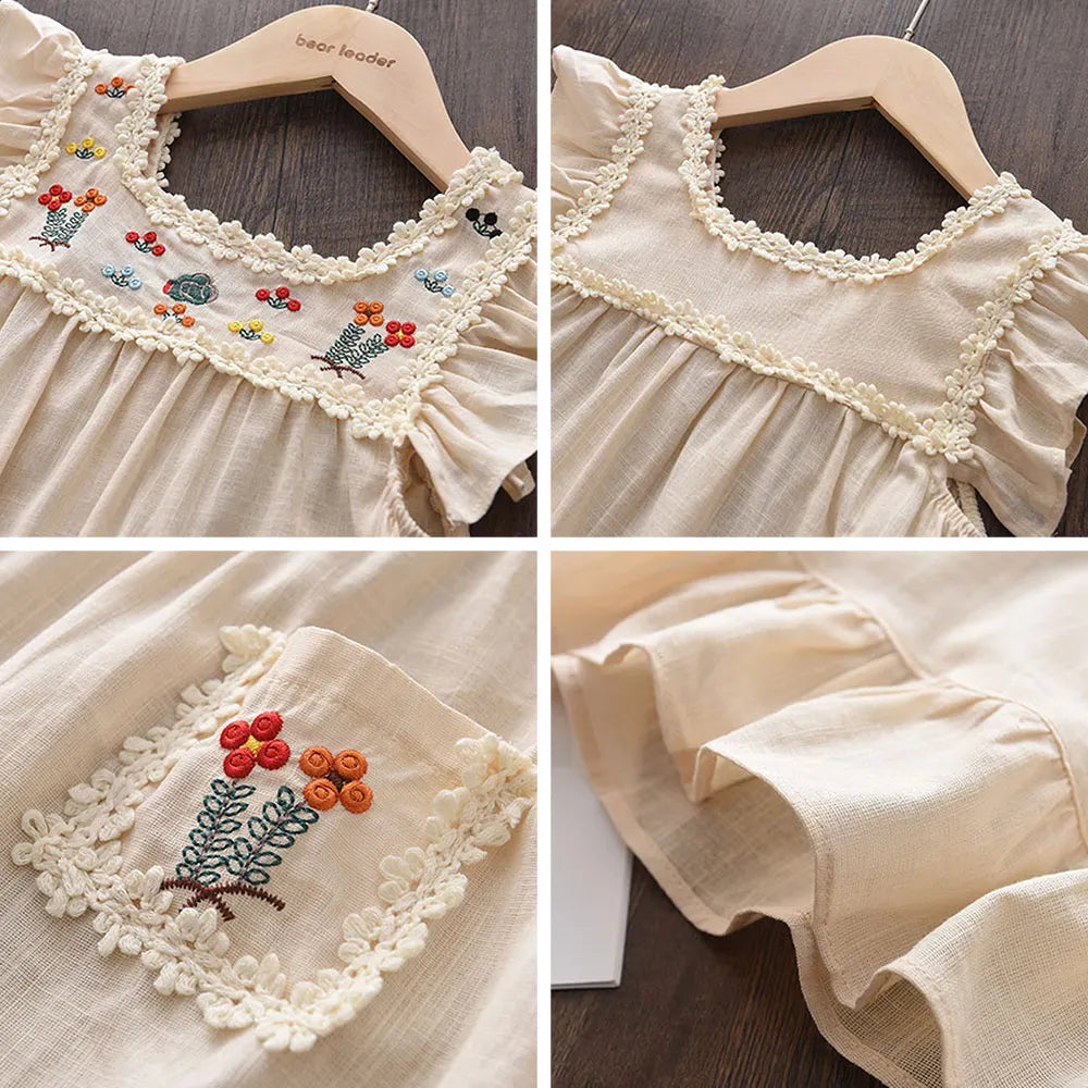 Vestido Boho de verano con bordado de flores para niñas, estilo retro, con mangas volantes, de princesa, ropa informal para niñas de 2 a 6 años