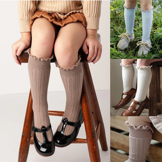 Calcetines hasta la rodilla con volantes para niñas, calcetines largos de algodón suave con encaje de flores, calcetines de uniforme escolar