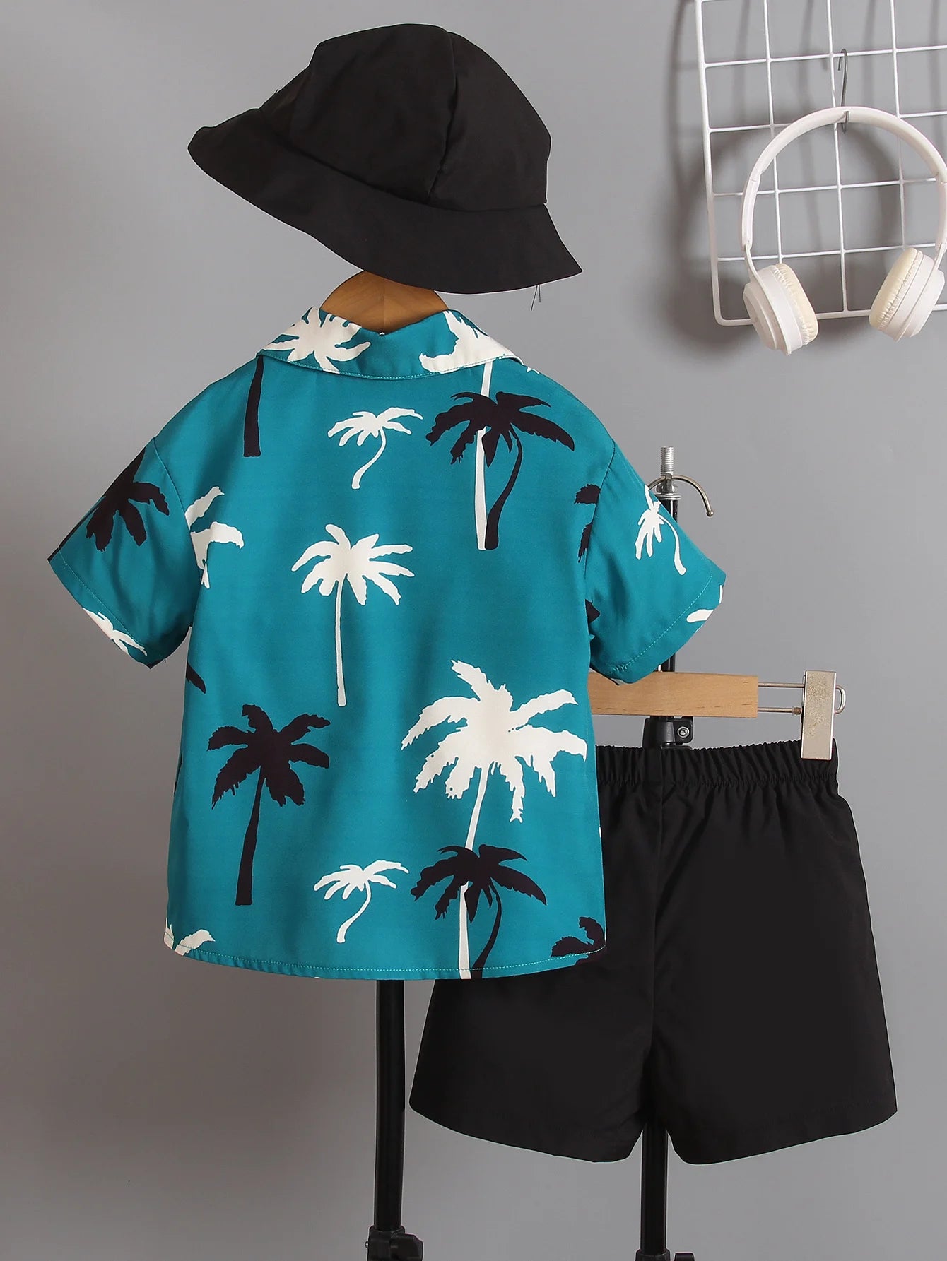 Camisa de manga corta con estampado de palmera, para vacaciones, conjunto de verano de tres piezas para niños y niñas