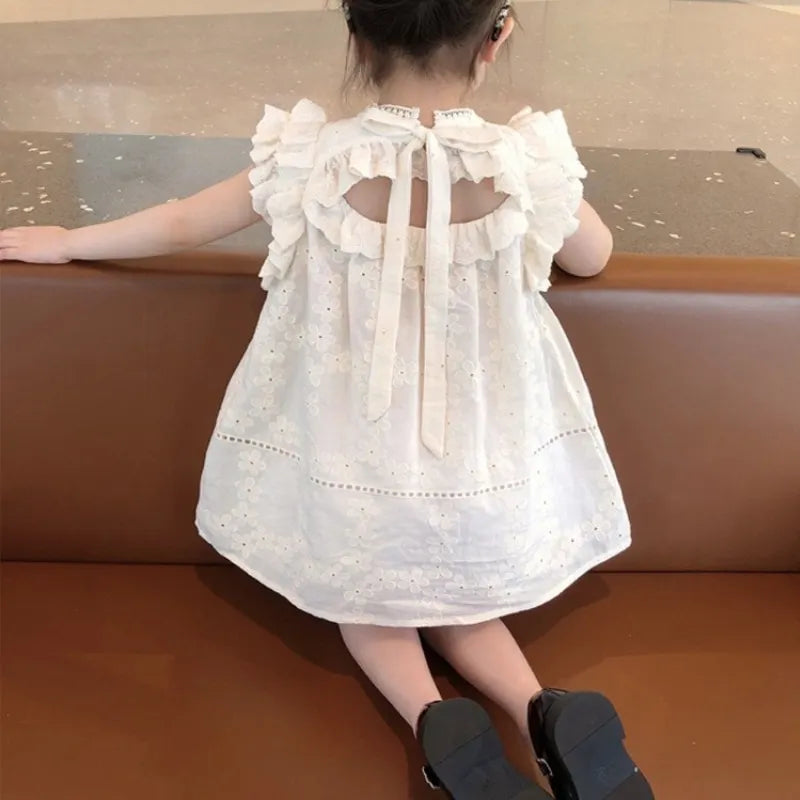 Vestido de algodón de princesa para niña, Vestido de encaje con manga de mosca para niñas de 1-10Y, vestido de flores ahuecado para bebé